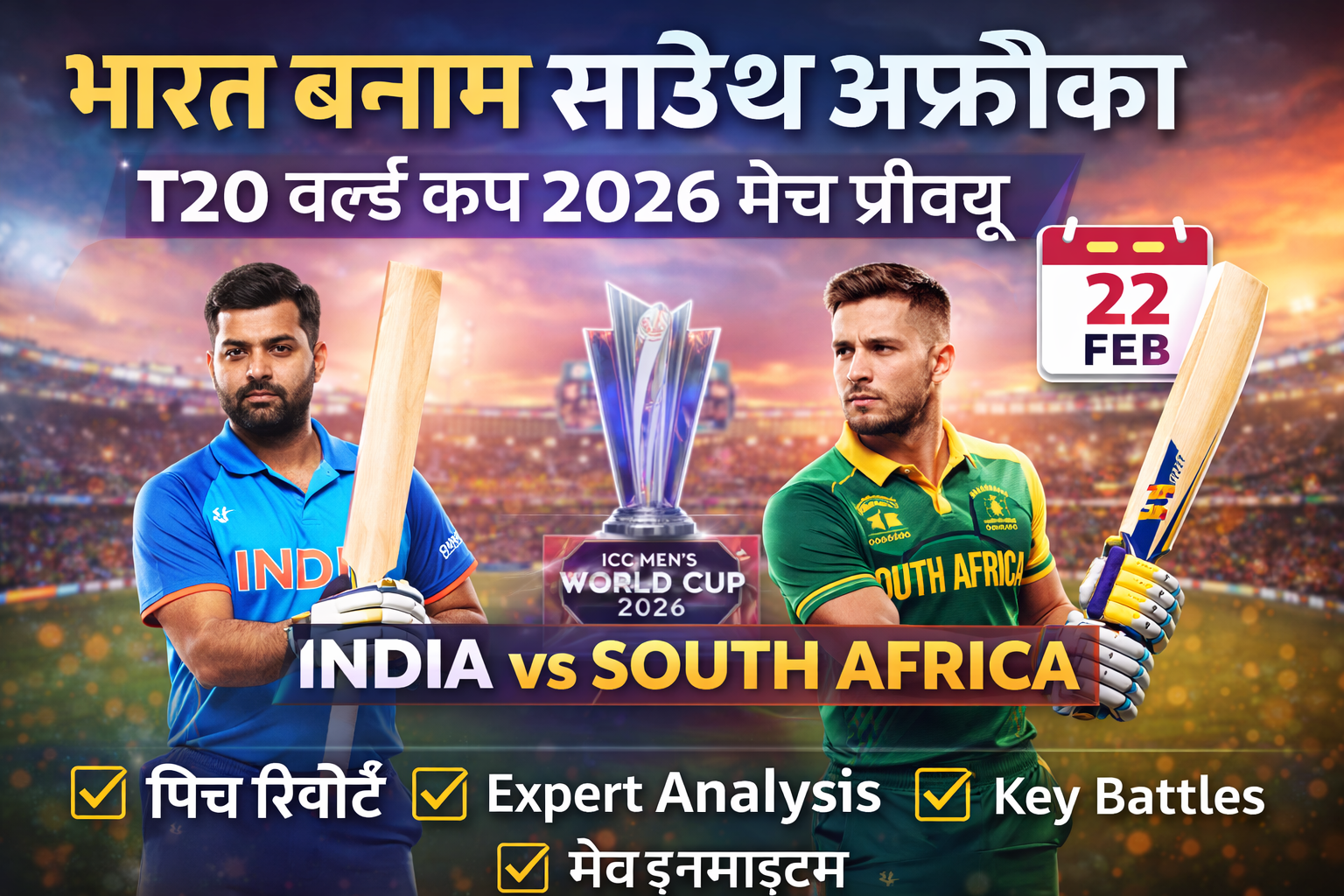 भारत बनाम साउथ अफ्रीका T20 वर्ल्ड कप 2026 मैच प्रीव्यू | 22 फरवरी अहमदाबाद Expert Analysis